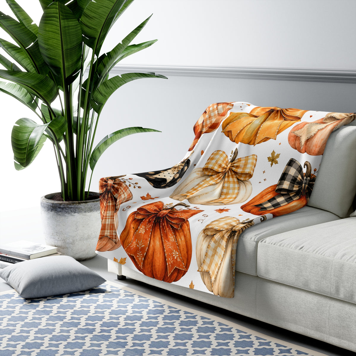 Autumn Pumpkin Sherpa Blanket — Cozy Fall Throw with Plaid & Bow Pumpkins