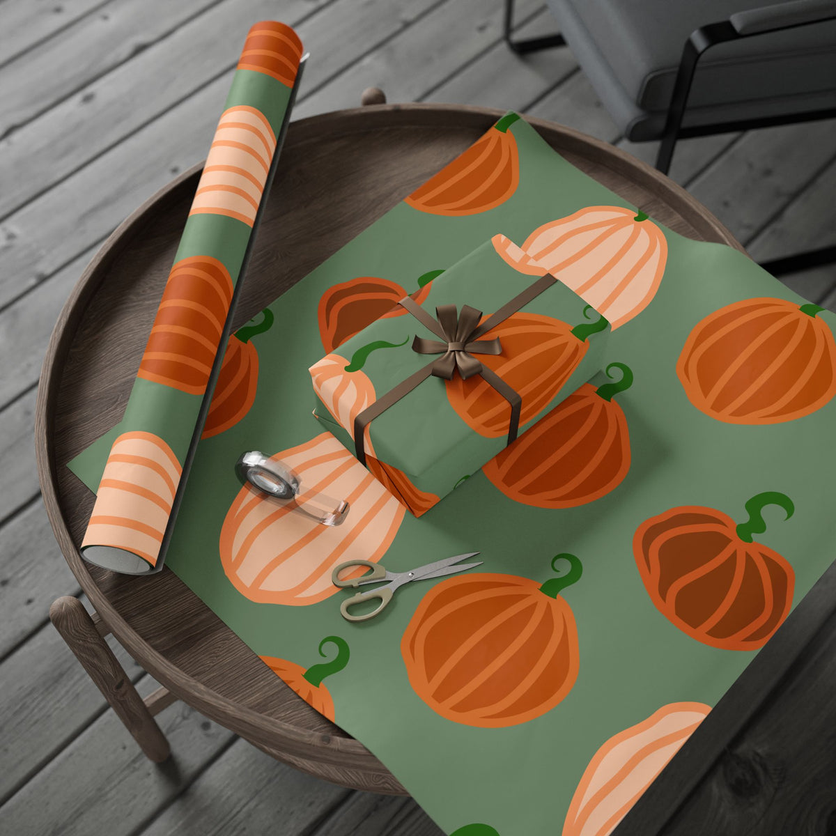 Pumpkin Pattern Wrapping Paper — Autumn Green Gift Wrap for Fall, Halloween & Thanksgiving