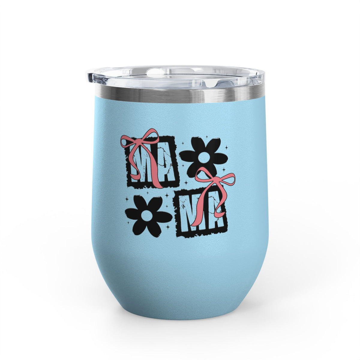 Wine Tumbler — Mom Floral Blocks with Pink Bows, 12 oz Insulated