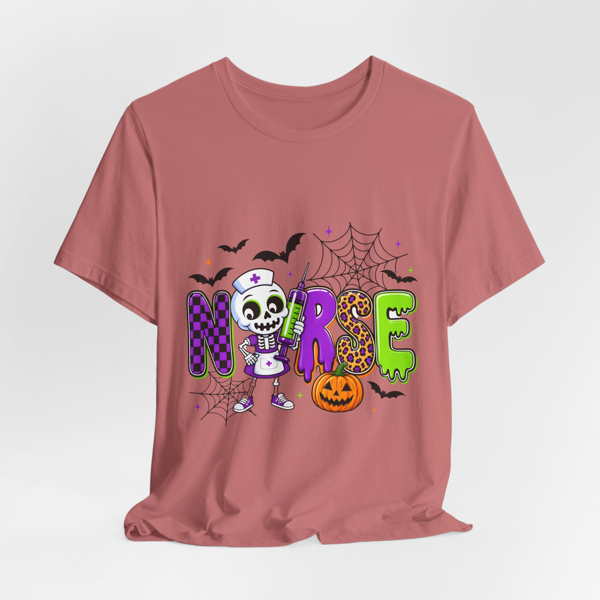 Halloween Nurse T-Shirt — Cute Skeleton, Pumpkin & Spiderweb Nurse Tee