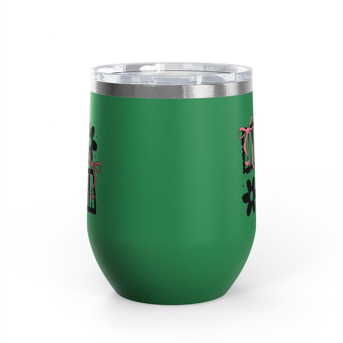 Wine Tumbler — Mom Floral Blocks with Pink Bows, 12 oz Insulated