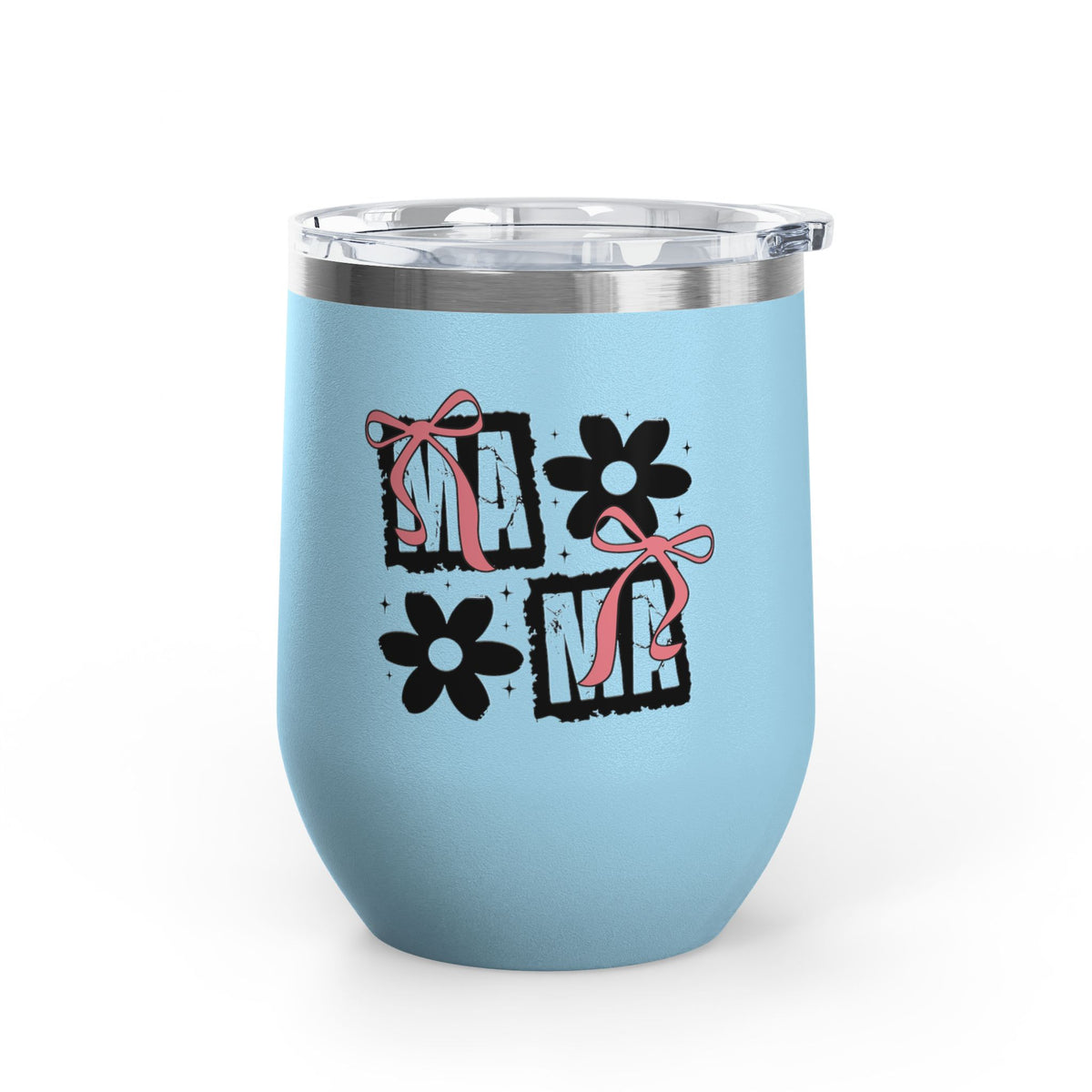 Wine Tumbler — Mom Floral Blocks with Pink Bows, 12 oz Insulated