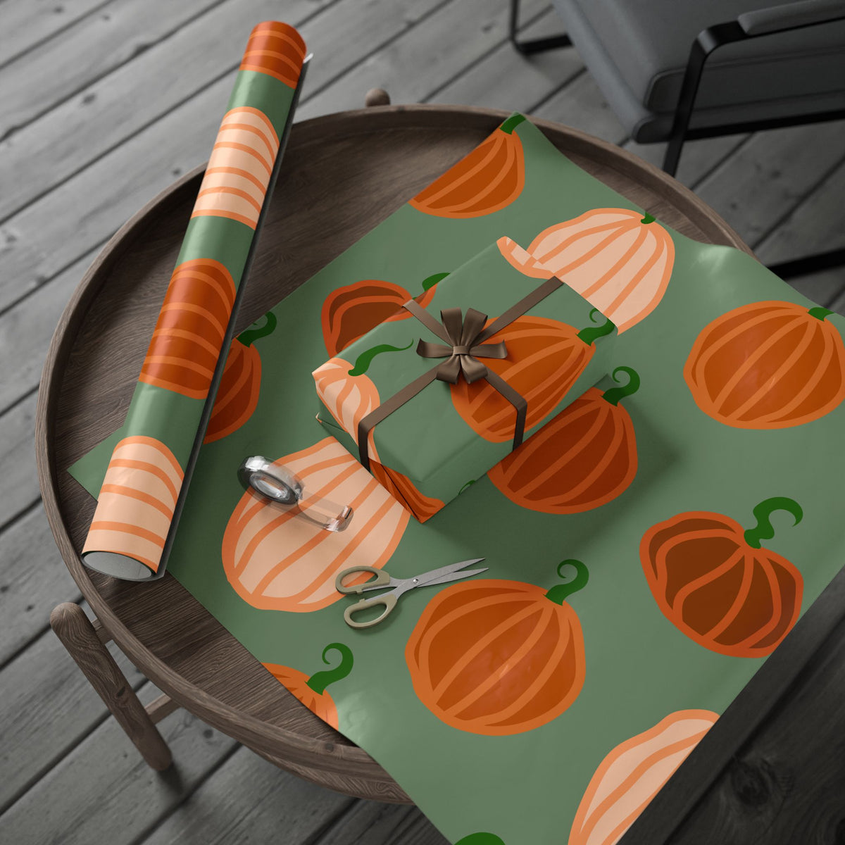 Pumpkin Pattern Wrapping Paper — Autumn Green Gift Wrap for Fall, Halloween & Thanksgiving